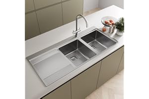 SÄUBER® 1160 x 520mm Stainless Steel Kitchen Sink Double Bowl Sinks for Kitchens 2.0 Bowls, Left Hand Drainer, Inset Drop in Installation, Free Basket Strainer Waste