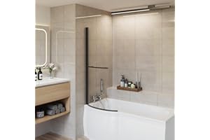 Aquariss Curved Toughened Safety Glass Pivot Bath Screen Panel for P-Shaped Bath Black with Towel Rail 1400x715mm