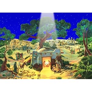 Calendrier de l'Avent 24 portes 297 x 210 mm – Crèche de Noël étoile sur le stable – avec Paillettes et translucide Windows – rs856 – Design Antique Allemand traditionnel