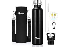 Ryaco Butelka na napoje, ze stali nierdzewnej, 560 ml, 750 ml, 1000 ml, izolowana próżniowo, szczelna, termos, 24 h chłodzenia, utrzymuje ciepło przez 12 godzin, w zestawie 2 wymienne nasadki
