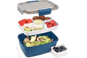 Bugucat Bento Box 2000ML, Porta Pranzo Scuola con Scatola di salsa, Pratici Scomparti e Cucchiaio, Sicurezza in Microonde e Lavastoviglie Contenitore per insalata