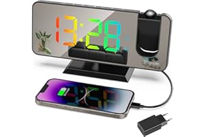 EXMATE Despertador de Proyección 7,5 " Pantalla dinámico RGB, Despertador Proyector Alarma Dual con Repetición, Función de atenuación automática, Puerto de Carga USB (Negro con adaptador)