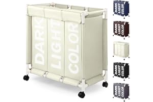 Rieeyrslza Brudne Ubrania Hamper 3 Przegródki 90 L Kosz na Pranie z Kółkami Duża torba na Pranie z PokrywkąKosz do Przechowywania Praktyczne Przechowywanie Klasyfikacja Ubrań (Beżowy o2)