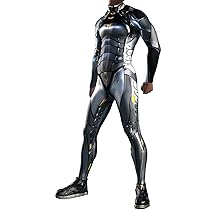 Koongso Men's Robot Superhero Halloween Costume Jumpsuit, Unisex Adults Onesie 3D Black Armor Battle Suit Skinny Catsuit Robot Cosplay Zentai Bodysuit