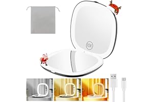 Gospire Espejo de maquillaje de viaje recargable de 3.9 pulgadas con luces y aumento 10X, 3 colores de luz y brillo ajustable, cierre magnético y función de memoria, espejo compacto LED para bolso,