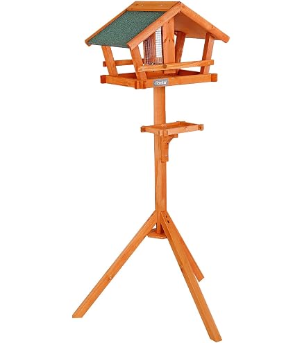 HABAU Zeshoekig Vogelhuisje In Blokhutstijl - Met Silo & Standaard - Asfalt Dakshingles - 52 X 30 Cm - 120 Cm Hoge Standaard - Inclusief Voedersilo - Gemonteerd