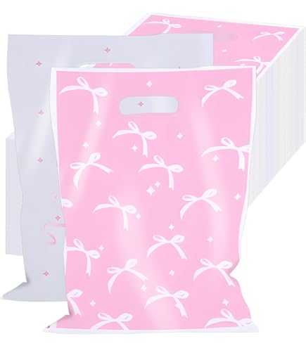 50pz Sacchetti Regalo in Plastica con Fiocco Rosa, Sacchetti per