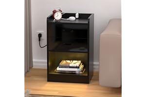 Lvhecforhm Nachttisch mit LED Licht, Nachttisch mit Ladestation, Nachtschrank mit Steckdosen USB Anschlüsse, Nachttisch 16 Farben Beleuchtung, Nachttische mit Offenen Fächern Hochglanz Front Schwarz