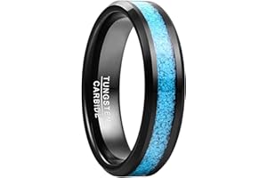 FIVAVO 6mm Black Tungsten Rings for Men Turquoise Inlay Wedding Band Ring Beveled Edges Comfort Fit Size O-Y