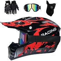 Casco Motocross Per Bambini 8-14 Anni - Set 4 Pezzi Con Visiera, Occhiali, Guanti E Maschera, Omologato DOT