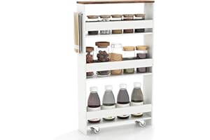 ‎GIANTEX GIANTEX Nischenregal 13cm breit, Küchenregal Küchenschrank Küchenwagen, Nischenschrank Nischenwagen auf Rollen, Badregal Rollwagen Holz 4 Etagen, Schmales Regal für Küche, 47,5 x 13 x 80,5 cm