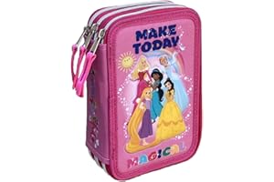 CARTOON Astuccio Scuola, Disney, Principesse, 3 Zip, multiscomparto, Completo 44 Pezzi, Colori Giotto, 20 x 13 x 6 cm, rosa - PR0794