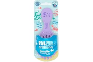 PONETTE FRIENDSEA - Cepillo de Pelo Desenredante Antitirones Infantil Morado Lila, Compacto, Viaje, Plástico Reciclado, Pulpillo, Divertido, Niños, Niñas, Sin Tirones, Reciclable, Marca Española
