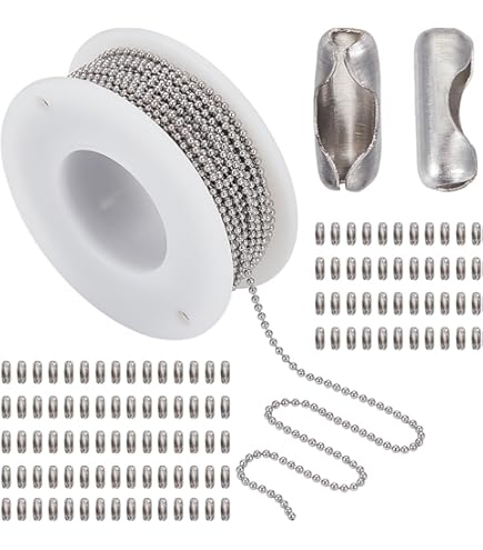 Kogelketting, 2,4 mm, kogelketting van roestvrij staal, 2,4 mm, 5 m, rolketting met 10 verbindingsstukken, geschikt voor het maken van sleutelhangers