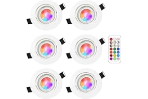 TOFISR Spot LED Encastrable Orientable RGB, Couleur Changement Spots LED Encastré, 5W(équivalent 50W) Blanc Froid 6000K Plafonnier Encastré, Télécommande Dimmable, Métal Rond Blanc (lot de 6)