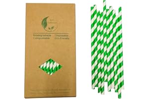 BOFA ECO TABLEWARE 100 Pcs Pailles en PapierVertes et Blanches Rayées, 100% Biodégradable Jetable Pailles à Boire Verte Paille Papier pour Table Cocktail Fête Décoration