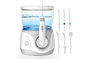 Mornwell elektryczny irygator do jamy ustnej,Czyszczenie międzyzębowe z 10-stopniami ciśnieniowymi i 6-mocowaniem, zintegrowany zegar (Biały A)