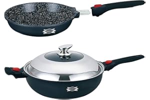 HAUSSMANN heritage Fonte d'aluminium Wok32cm Revêtement Type Pierre-sans PFOA Manche Amovible－Tous Feux Dont Induction－ HM-WOK1432M (Wok32cm+Poêle32cm)