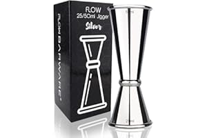 FLOW BARWARE Misurino doppio per superalcolici, professionale, in stile giapponese, per barman, in acciaio inossidabile, colore argento, 25 ml x 50 ml Argento
