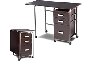 COSTWAY Escritorio Plegable para Ordenador, Escritorio con 3 Cajones Removibles y Ruedas Bloqueables, Mesa de Madera Moderna y Salva Espacio para Dormitorio y Oficina (marrón)