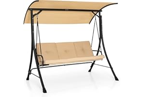 RELAX4LIFE 3 Seater Swing Chair, Outdoor Porch Swing Bench Hammock Seat with Adjustable Canopy & Cushions, Garden Patio Swing Loveseat for Balcony Backyard Poolside (Beige)