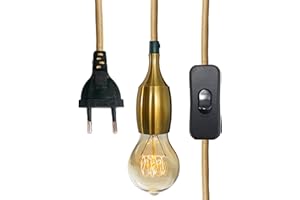 JZCDR 3/5m Cable Textil con Enchufe, Interruptor y E27 Metal-Portalámpara, Cable Electrico Trenzado Vintage Kit Suspendido De PortaláMparas, para Cocinas Garajes e Iluminación de Plantas etc (F-5M)