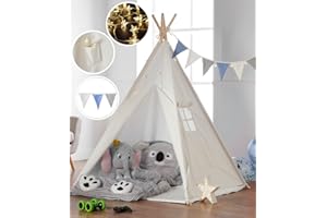 Haus Projekt Tienda Tipi para niños con Luces de Hadas, empavesado y Base Impermeable incluida - Tienda para Jugar e Imaginar, 100% algodón, para Interior/Exterior (Azul/Blanco) Certificado CE