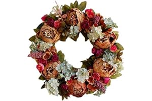 AILINDA Peony Wreath Rose Floral Twig Wreath 14-16 Inch Handmade Vintage Artificial Flowers Garland Front Door Wreath Beautiful Silk for Spring and Summer Wreath Display (Coffee)