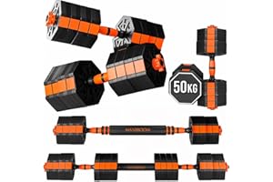 ManiBoom Pesas y Mancuernas Ajustables ANTIDESLIZANTES - Mancuernas 10kg 15kg 20kg 30kg 40kg 50kg Hexagonales con Barra Regulables y Cierre de SEGURIDAD - Kit de Ejercicio