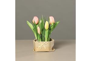 mucplants künstliches Tulpenarrangement mit Gras auf künstlichen Erdballen und Papiertüte ca. 20cm rosa Kunstblume Tulpe Kunstpflanze