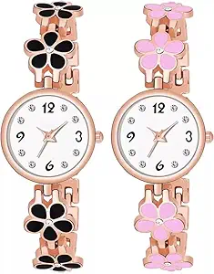 Goldenize fashion Stylish Multicolour Rose Gold Flower Pattern Round Diamond Dial Unisex Analog Gift Wrist Watches for Women & Girls Combo Pack of 2