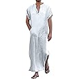 YAOHUOLE V-Ausschnitt Herren Kaftan Seite Split Kurzarm Robe Baumwolle mit Taschen