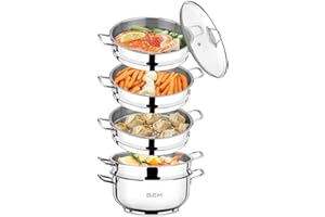 BEM Dampfkocher: 6-tlg Set aus Edelstahl 18/10, Ø 28 cm, Russische Mantowarka mit Dampfeinsatz und Glasdeckel, Dampfkochtopf, Gardampfkochtopf Set, NICHT induktionsgeeignet