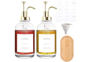 LOPYXBR 2PCS Coffee Syrup Dispenser 500ml/ 16.9oz, Golden Syrup Dispenser with Pump, 500ml Syrup Dispensers Bottle with Labels and Funnel&Tray for Home, Kitchen Coffee Bar Accessories(Gold)