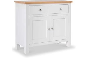 RoselandFurniture Farrow White Small Sideboard for Living Room | Fully Assembled Painted Storage Cabinet Solid Wood 2 Door Cupboard Unit with 2 Drawers & Oak Top for Kitchen, Dining Room or Hallway