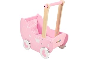 SOKA PLAY IMAGINE LEARN SOKA Wooden Push Along Pink Princess Doll Pram for Boys and Girls Pretend Play with Non-Slip Rimmed Wheels