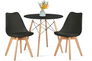 ‎H.J WEDOO H.J WeDoo Esstisch Rund mit 2 Eiche Stühlen Küchentisch Wohnzimmertisch Holztisch Tisch Set für Wohnzimmer Küche Büro Schwarz