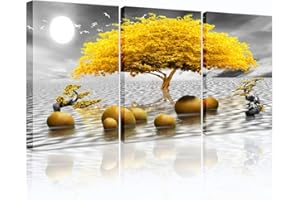 hyidecorart Tableau Decoration Murale Salon Moderne, 3 Pièces Tableaux Arbre De Vie Jaune, Nature Mer Paysage Impression Sur Toile, Decoration Murale Chambre Salle De Bain Cuisine Bureau