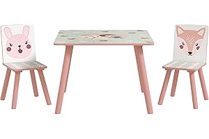 ZONEKIZ Kindertisch mit 2 Stühlen 3-teilig Kindersitzgruppe mit Tiermotiv, Kinder Tisch Stuhl Set Kindermöbel Sitzgruppe für Kinderzimmer, für 3-8 Jahren Kinder, Rosa