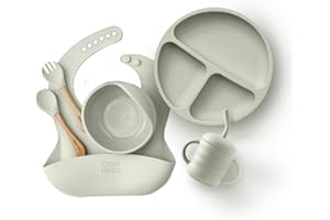 ODDLY PERFECT Silicone Baby Feeding Set – Suction Bowl & 3-Compartment Plate, Straw Cup, Bib with Food Catcher & Bamboo-Handle Spoon & Fork – BPA-Free Silicone Baby Mealtime Set (Sage)