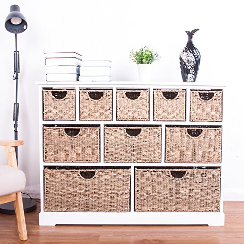 10 Drawer Baskets White Wide Functional Wooden Hyacinth and Seagrass