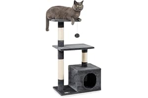 lionto Arbre à Chat avec Niche et Balle en Peluche, Hauteur 85 cm, Arbre à Chat en sisal & Peluche, couchages Confortables & Niche, pour Petits & Grands Chats, Gris foncé