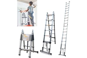 YIYAI Échelle Télescopique 5m / 2,5 m + 2,5 m avec stabilisateur - Échelle Multi-Usage - Charge maximale : 150 kg, Échelle Escabeau Télescopique en Acier Inoxydable 16 Echelons