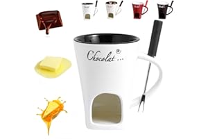 SIEBKORB Chocolate Fondue Mug with Forks, Chocolate Fondue Cup, Ceramic Chocolate Melting Cup, Fondue Heated with a Tealight, Warmer Mug for Candy Snack Caramel Party (A - White-Black)