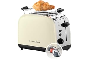 Russell Hobbs Tostadora Colours Plus, 2 Ranuras Cortas y Anchas, Tostador para 2 Rebanadas, Bandeja Recogemigas, Calientapanecillos, Función Cancelar y Descongelar, Acero Inoxidable, Crema, 26551-56