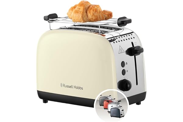 Russell Hobbs Brödrost två Skivor, Rostfritt Stål i färgen cream, Extra breda brödfack, inklusive uppvärmningsgaller, 6 rostningsinställningar, Lyft & Titta-funktion, 1600W, 26551-56, Kräm