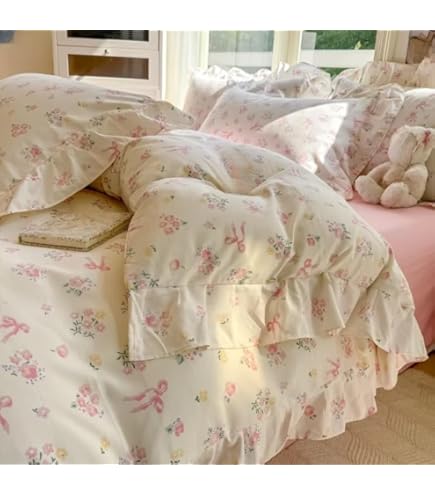 Sedefen Romantische volant beddengoedset, 220 x 240 cm, roze, dekbedovertrek, 3-delig, Bohemian microvezel, beddengoed voor volwassenen, met lotusblad 2 kussenslopen 65 x 65 cm, met ritssluiting