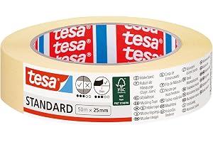 tesa Standard taśma maskująca – papierowa taśma malarska na ścianę do odcinania kolorów – bardzo uniwersalna – dobra przyczepność, łatwo usuwalna do 4 dni od aplikacji - 50m x 25mm