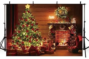 MEHOFOND 7x5ft Christmas Photography Backdrop Christmas Tree and Fireplace Clock Gift Box Photo Background Family Party Banner Decor Portrait Photo Studio Props Festival Gift Supplies