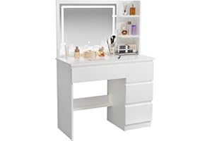 ZenkiHome Dressing Table with Mirror and Adjustable LED Lights, 80cm Wide Vanity Desk with 4 Drawers, White